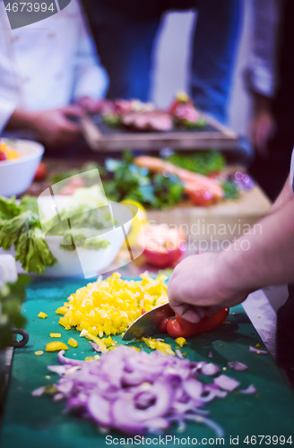 Image of Chef hands cutting fresh and delicious vegetables