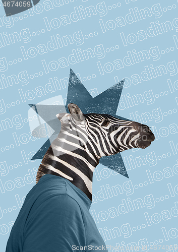 Image of Modern collage. Concept suit man with giraffe head on color background.