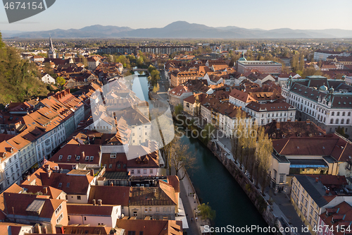 Image of Aerial drone panoramic view of Ljubljana, capital of Slovenia in warm afternoon sun