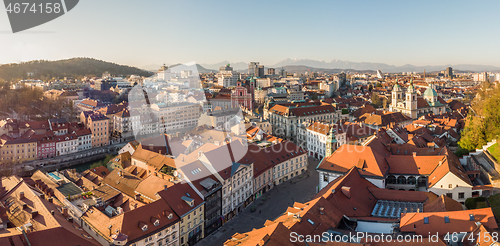 Image of Panoramic view of Ljubljana, capital of Slovenia, at sunset. Empty streets of Slovenian capital during corona virus pandemic social distancing measures in 2020