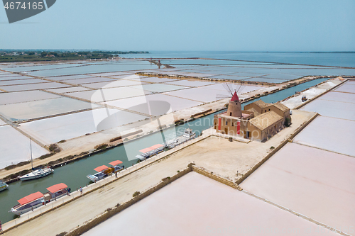 Image of Windmill of Infarsa Salina near Marsala, Trapani, Italy