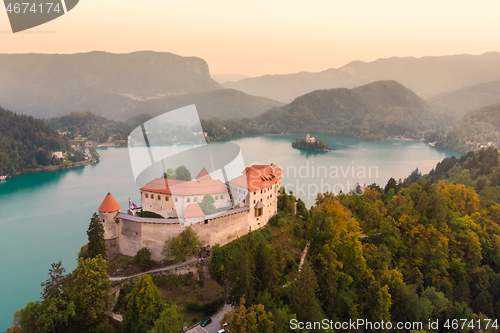 Image of Aerial panoramic view of Lake Bled and the castle of Bled, Slovenia, Europe. Aerial drone photography