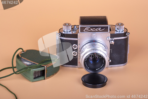 Image of Old German camera EXA. 1961 release and light meter.