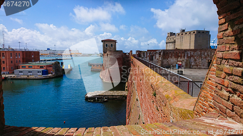 Image of LIVORNO, ITALY - APRIL 28, 2019: View to the Ligurian Sea in Livorno and Old fortress from above