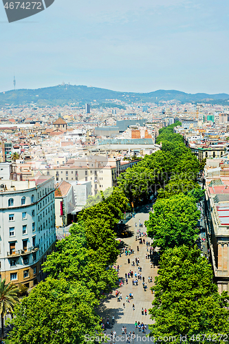 Image of BARCELONA, SPAIN - MAY 6, 2014: Barcelona from above. View to the la Rambla