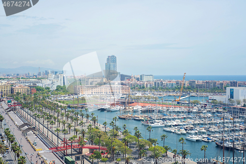 Image of BARCELONA, SPAIN - MAY 6, 2014: Barcelona from above. View to the Port Vell