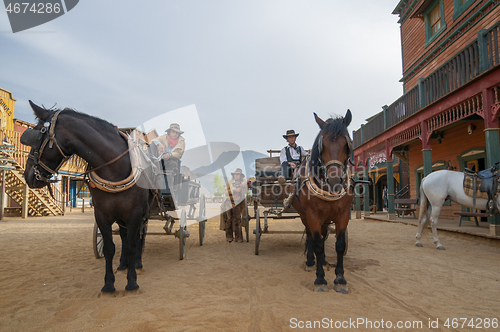 Image of TABERNAS, SPAIN - SEPTEMBER 21, 2008: Sheriffs and horses at Mini Hollywood