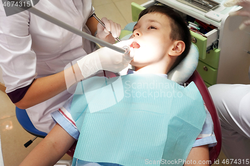 Image of Dentist examining boy mouth