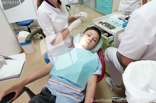 Image of Dentist examining boy mouth