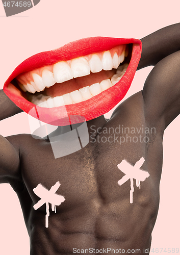 Image of Collage in magazine style with happy emotions and female lips instead of head.