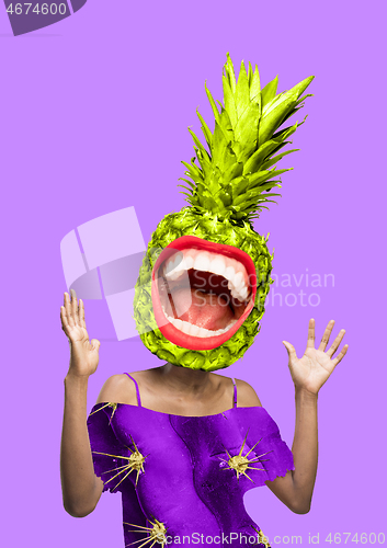 Image of Collage in magazine style with happy emotions and female lips instead of head.