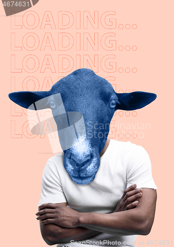 Image of Modern collage. Concept of man with donkey head on color background.