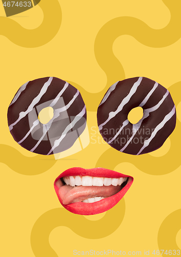 Image of Funny art collage. Donuts eyes with red lips.