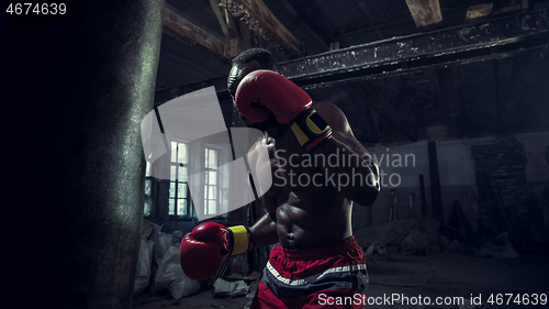 Image of Hand of boxer over black background. Strength, attack and motion concept