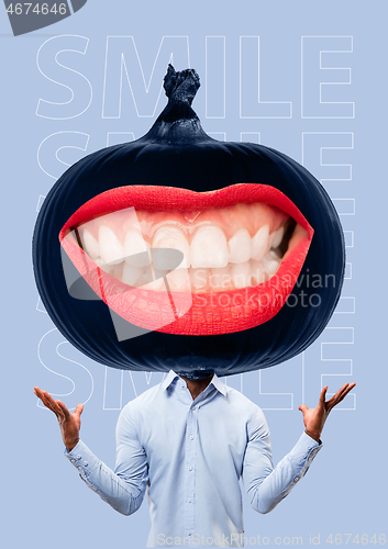 Image of Collage in magazine style with happy emotions and female lips instead of head.