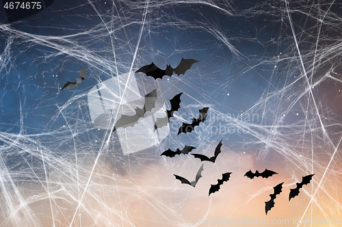 Image of black bats over starry night sky and spiderweb
