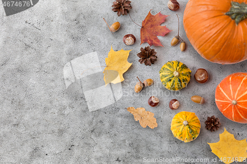 Image of autumn leaves, chestnuts, acorns and pumpkins