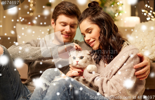 Image of happy couple with cat at home