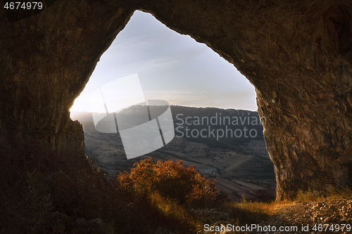 Image of beautiful view from cave at dawn