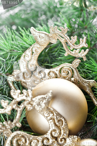 Image of Christmas decorations and evergreen fir tree branch.