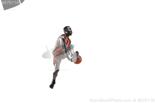 Image of Full length portrait of a basketball player with ball