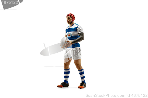 Image of The silhouette of one caucasian rugby man player isolated on white background