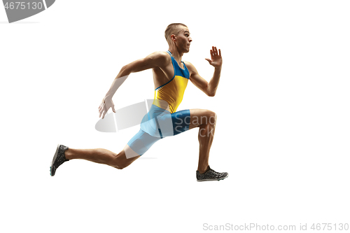 Image of Young caucasian man running or jogging isolated on white studio background.