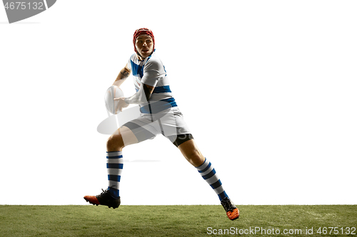 Image of The silhouette of one caucasian rugby man player isolated on white background