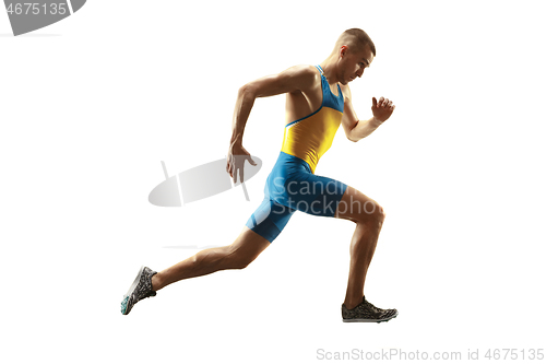 Image of Young caucasian man running or jogging isolated on white studio background.