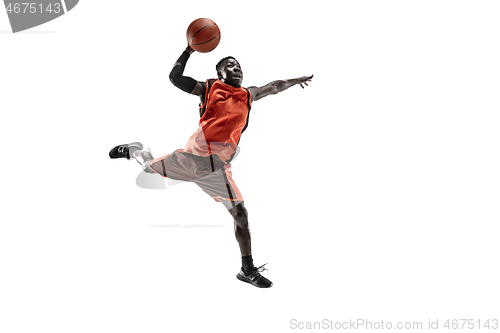 Image of Full length portrait of a basketball player with ball