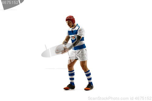 Image of The silhouette of one caucasian rugby man player isolated on white background