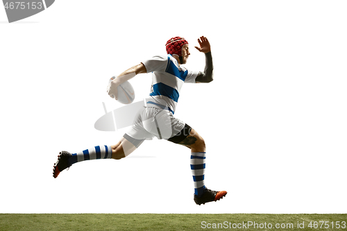 Image of The silhouette of one caucasian rugby man player isolated on white background