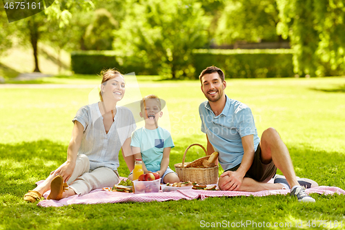 Image of portrait of family having picnic at summer park