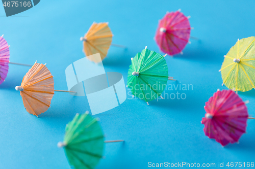 Image of cocktail umbrellas on blue background