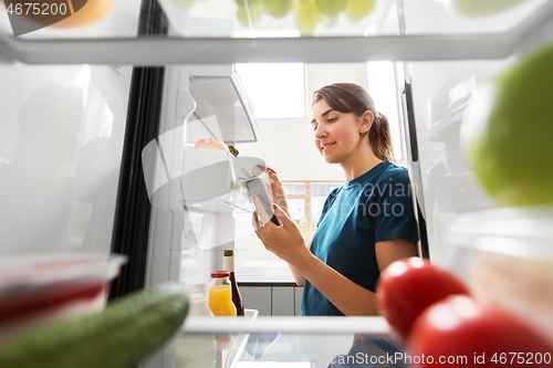 Image of woman with smartphone makes list of food in fridge