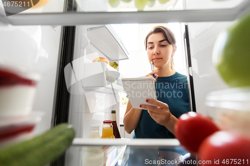 Image of woman making list of necessary food at home fridge