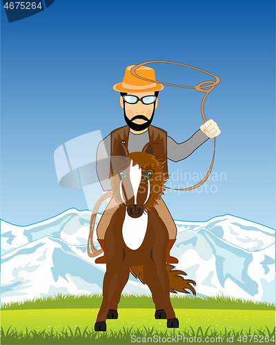 Image of Nature and man cowpuncher with lasso on horse