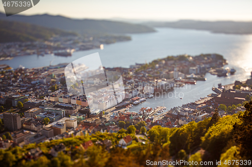 Image of View on Bergen Norway. Tilt shift lens. Bergen is a city and mun