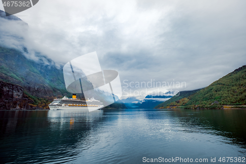 Image of Cruise Ship, Cruise Liners On Sognefjord or Sognefjorden, Flam N