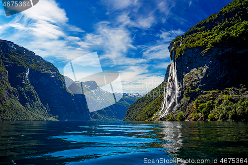 Image of Geiranger fjord, waterfall Seven Sisters. Beautiful Nature Norwa