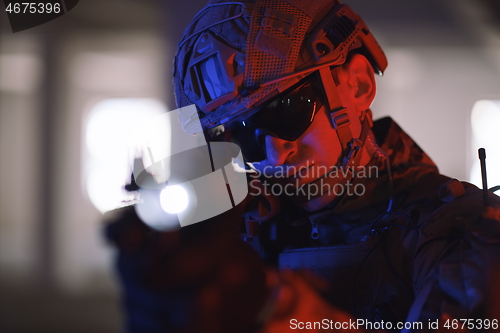 Image of modern warfare soldier in urban environment battlefield