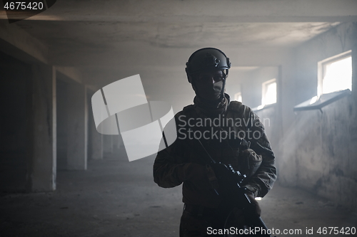 Image of modern warfare soldier in urban environment