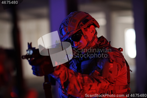 Image of modern warfare soldier in urban environment battlefield