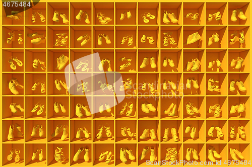 Image of 3D render of a shelf full of shoes levitating in cells