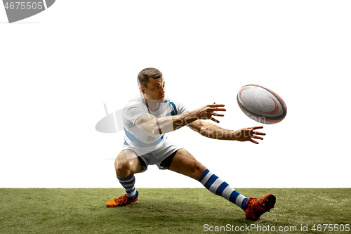 Image of The silhouette of one caucasian rugby man player isolated on white background