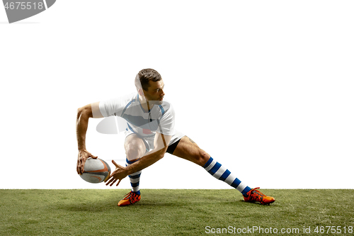 Image of The silhouette of one caucasian rugby man player isolated on white background