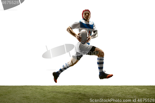 Image of The silhouette of one caucasian rugby man player isolated on white background