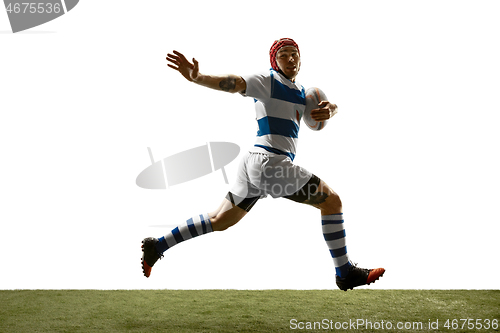 Image of The silhouette of one caucasian rugby man player isolated on white background