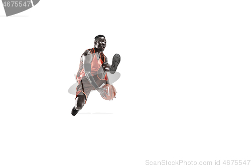 Image of Full length portrait of a basketball player with ball