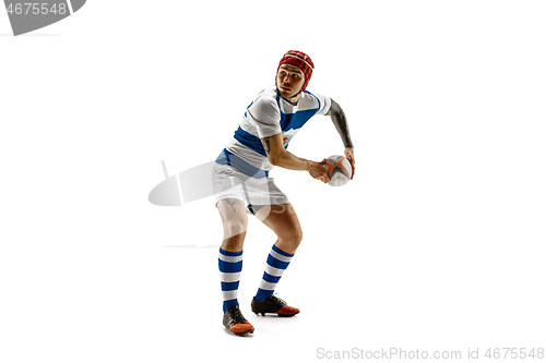 Image of The silhouette of one caucasian rugby man player isolated on white background